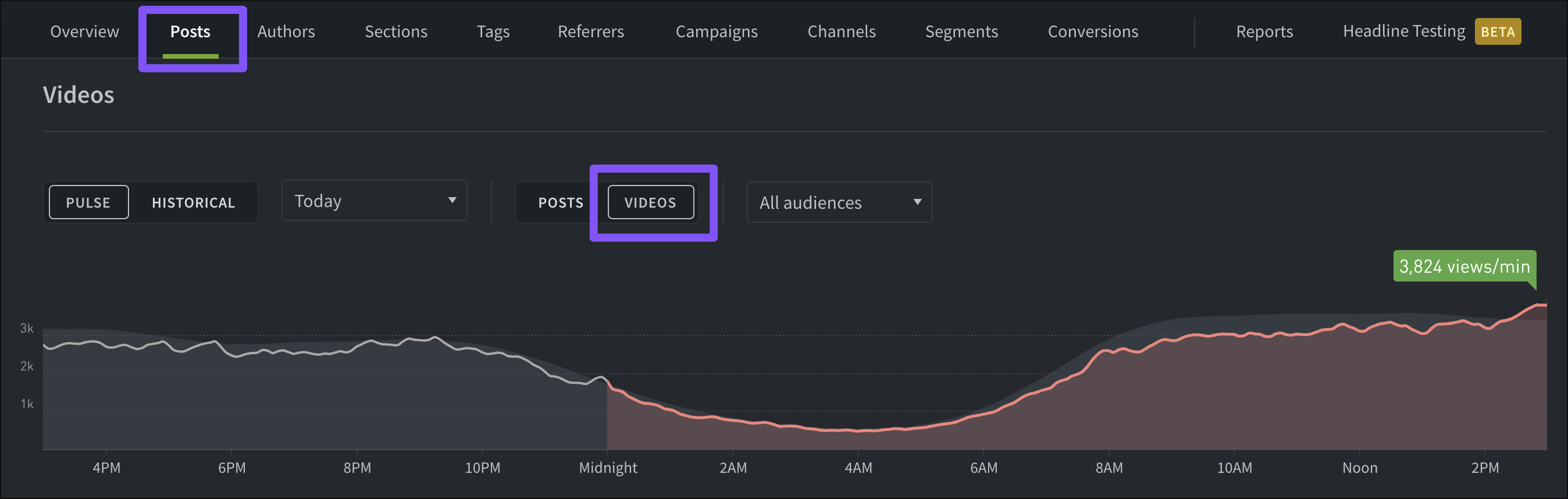 The Posts/Pages tab can be toggled to focus on video metrics.