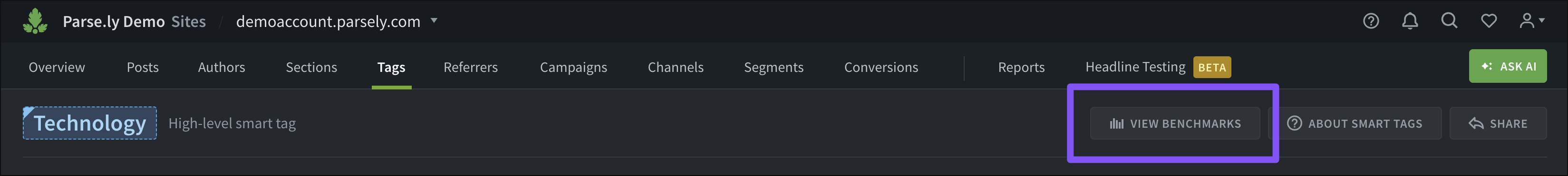 The "View Benchmarks" button on the Tags tab.