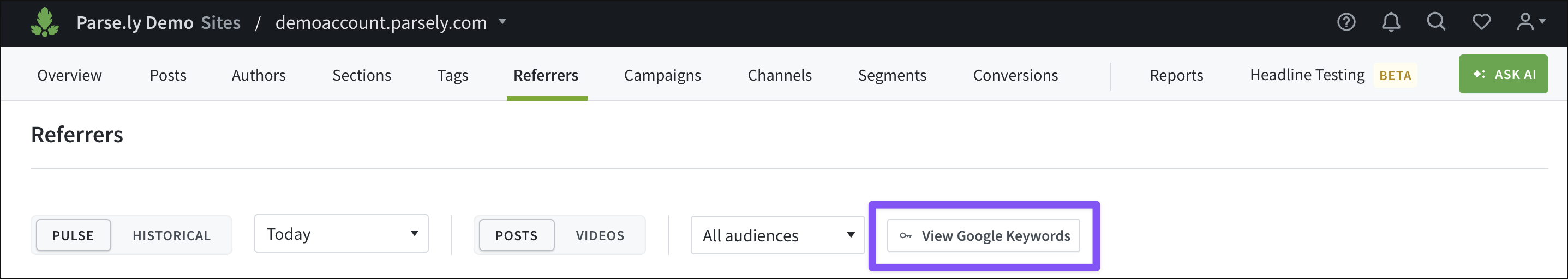 Access Google keywords data from the Referrers tab.