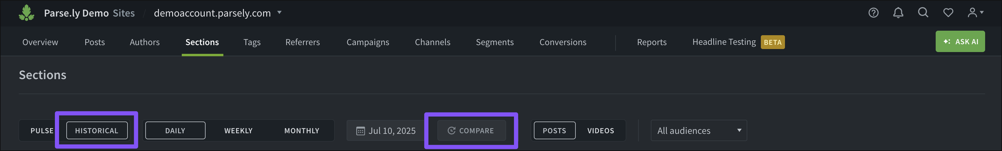 Click the "Compare" button from the Posts/Pages, Authors, Tags, or Sections tab.