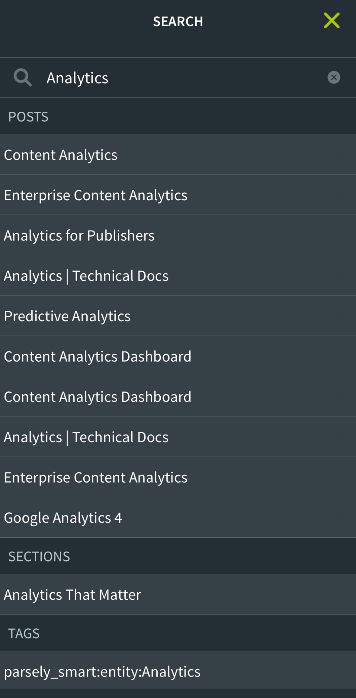 The Parse.ly iOS app's search screen.