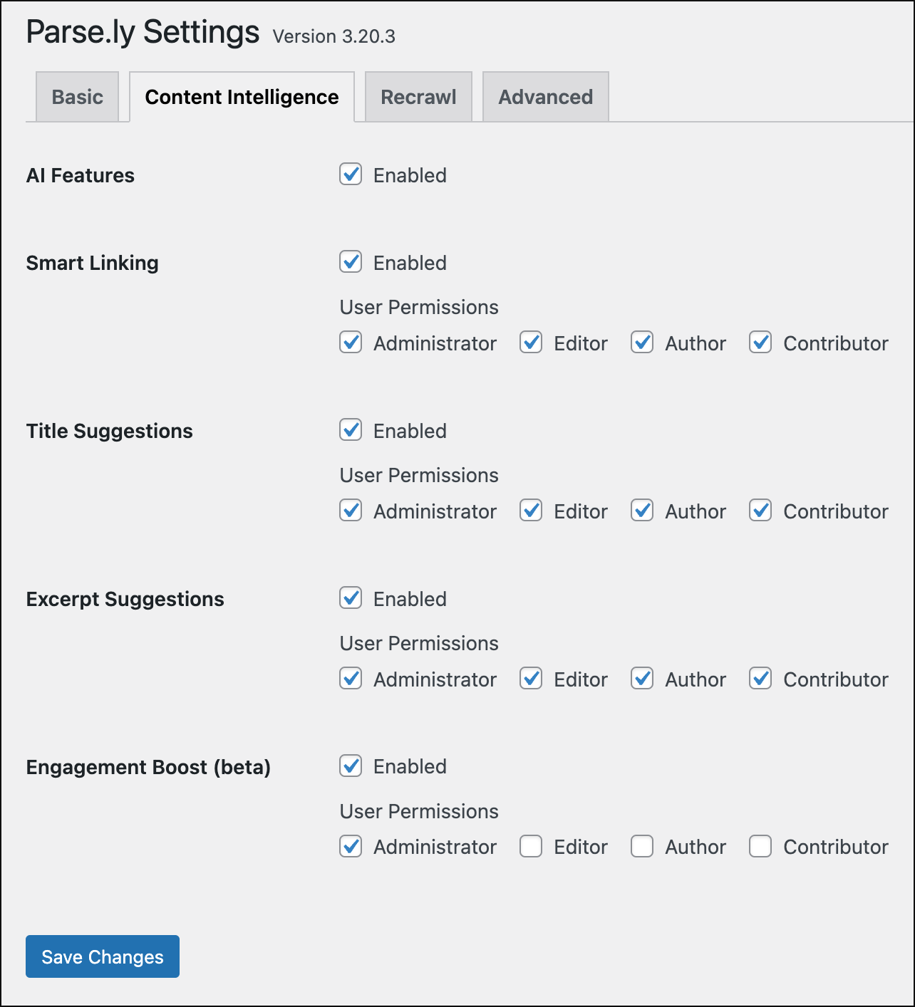 Parse.ly Content Intelligence settings.