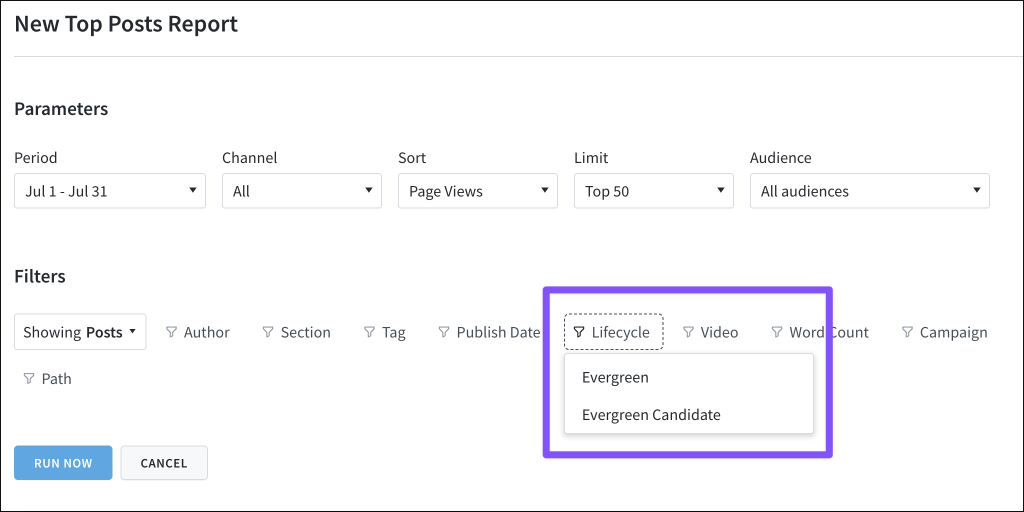 The Lifecycle filter is available when creating a new Top Performers report for posts/pages.