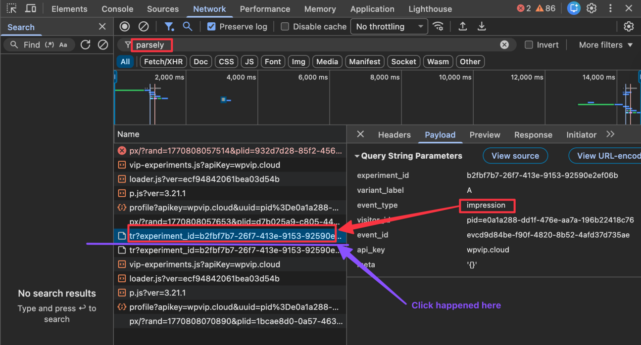 Browser DevTools Network tab showing a tr?experiment_id request selected, with the Payload panel displaying event_type as impression