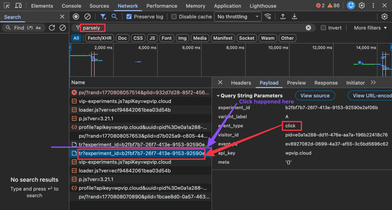 Browser DevTools Network tab showing a tr?experiment_id request selected, with the Payload panel displaying event_type as click